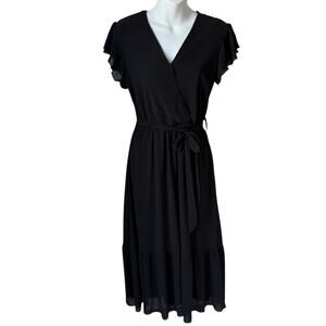 Fit  Flare Black Midi Dress Small Flutter Sleeve Mock Wrap Coquette Flirty Flowy